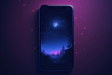 Smartphone with a mesmerizing night sky wallpaper featuring a luminous moon and pine silhouettes