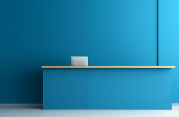 A modern and sleek office reception area featuring a minimalist desk with a computer against a vibrant blue wall