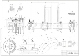Assembly drawing of drive shaft with coupling.
Vector cad scheme of steel mechanical device with shaft, gear, 
electric engine, bearing, bolted connection and dimension lines.
Engineering background. 