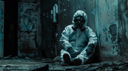 Fototapeta na wymiar person with a radiation suit in an abandoned bunker-style site with radiation in high resolution and high quality. radiation, fumigation concept