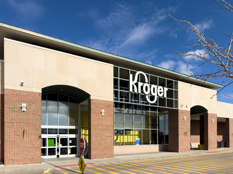 Kroger grocery store front entrance and logo. The Kroger Company is an American supermarket chain.