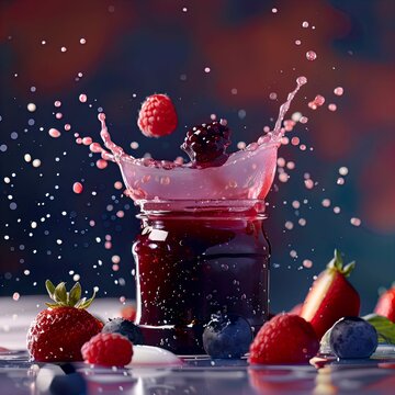 fruits splashing into a jar of jam