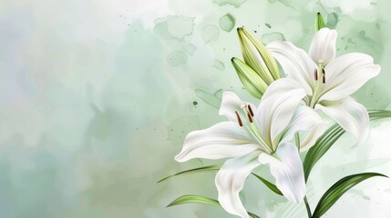 Fototapeta na wymiar Elegant white lily flower with watercolor style background and invitation wedding card. AI generated