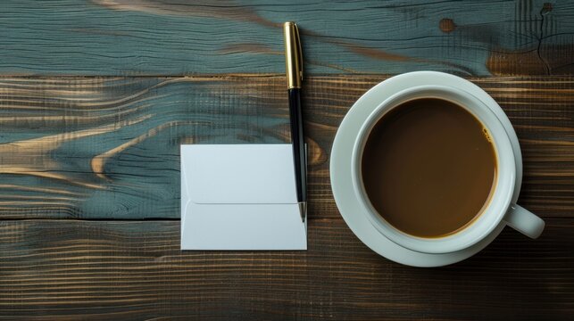 Cropped top view a cup hot coffee near business card and pen on wooden table. AI generated image