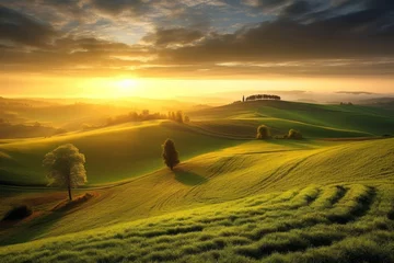 Dekokissen Dawn's Embrace: Experience the harmonious beauty of a sunrise over rolling hills and farmland, painting the landscape in golden hues. © Gogi