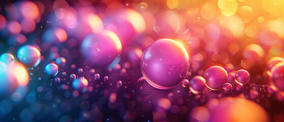 Obraz na płótnie Canvas Abstract colorful particles of Glowing bubbles orbs background. Shiny transparent gradient backdrop. Strong depth of field