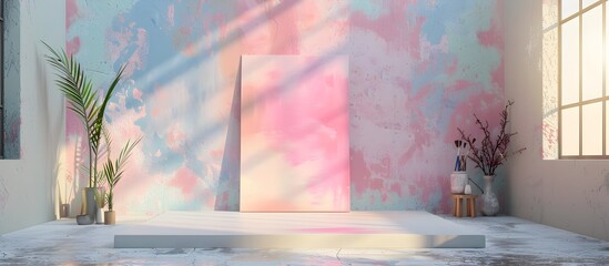 Pastel Pink and Blue Wall with Empty White Podium, To provide a versatile and striking visual for a variety of commercial and editorial uses, from