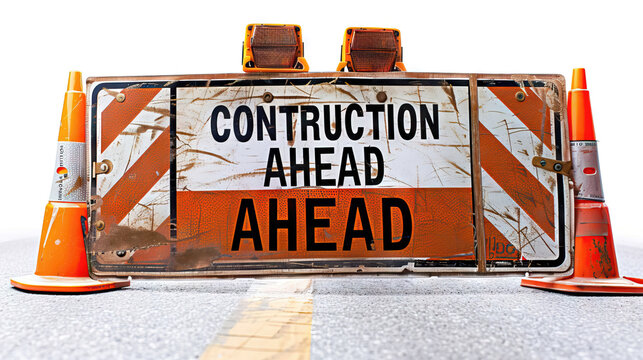 Construction sign beware car on the road under construction - AI Generated