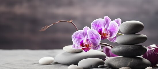 A purple flower sits delicately on top of a stack of rugged rocks, contrasting its vibrant hue with the neutral tones of the stones beneath it in a spa setting. - Powered by Adobe