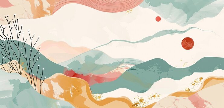 Illustration boho mountain landscape background in flat style design. AI generated image