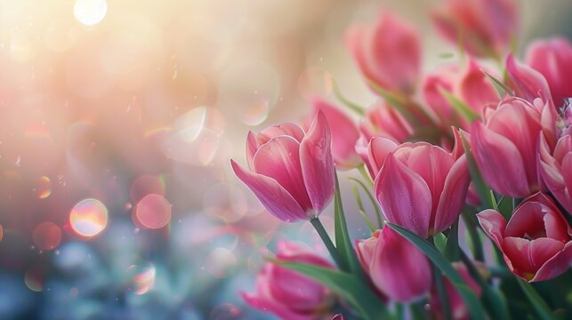 Beautiful pink tulips bouquet on blurred background. AI generated image