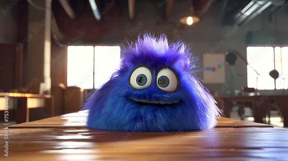 Poster a lovable 3d animated character, resembling a fluffy creature, peering over a table in an empty stud