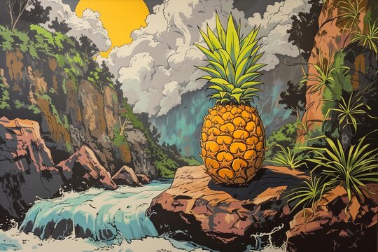 Painting of a Pineapple Sitting on a Rock