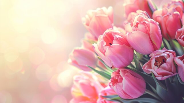 Beautiful pink tulips bouquet on blurred background. AI generated image