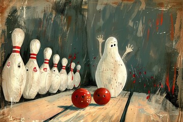 Painting of Bowling Pins and Bowling Balls - obrazy, fototapety, plakaty