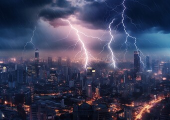 Lightning illuminating a city skyline highlighting