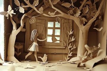 Paper Sculpture of a Woman in a Tree House