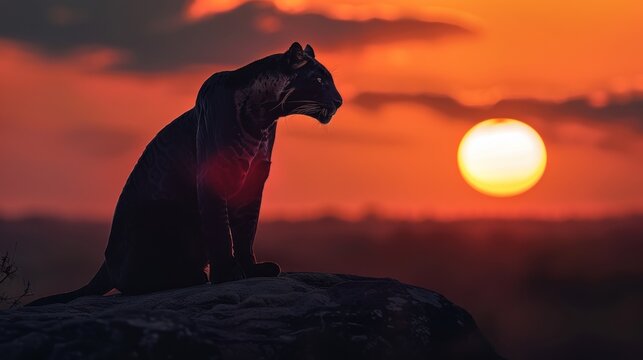 Animal wildlife photography black panther with natural background in the sunset view, AI generated