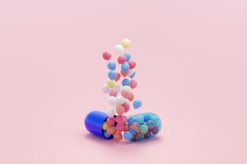 Colorful balloons coming out of pill. Recreational drug use concept.