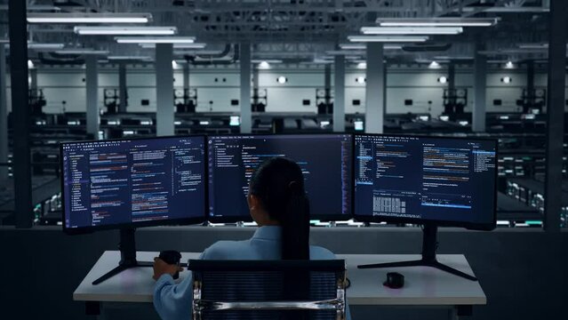 Back View Of Asian Woman Developer Drinking Coffee And Using Computer To Write Code With Multiple Screens In Data Center