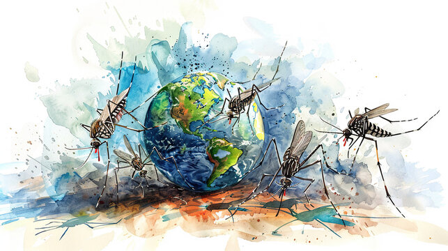 watercolor illustration art of earth attacked by mosquitoes causing malaria World Malaria Day logo 25 april