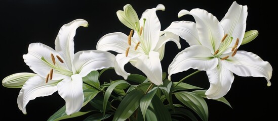 A vase placed on top of a table, filled with elegant white lilies that showcase three pure white blooms. The white flowers stand out against the surface of the table.