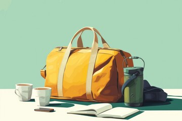 Yellow Duffel Bag on Table Next to Cup