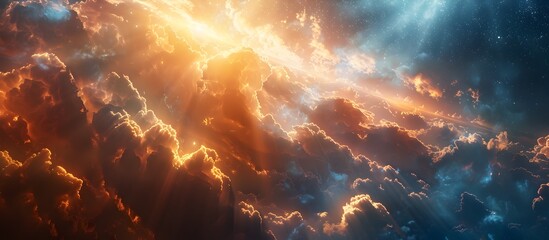 Gods Light Beams Shining Through Nebula in Space, To convey a sense of divine presence, spiritual illumination, and the grandeur of nature in graphic - obrazy, fototapety, plakaty