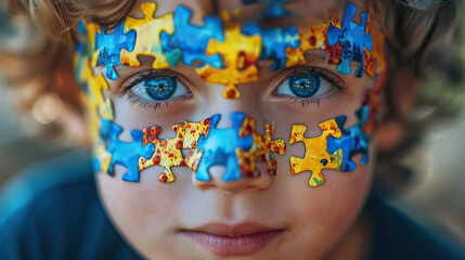 world autism awareness day, autism disorder awareness, a boy peeking through colorful puzzle,  child mental health concept, world autism awareness day, autism spectrum disorder awareness concept