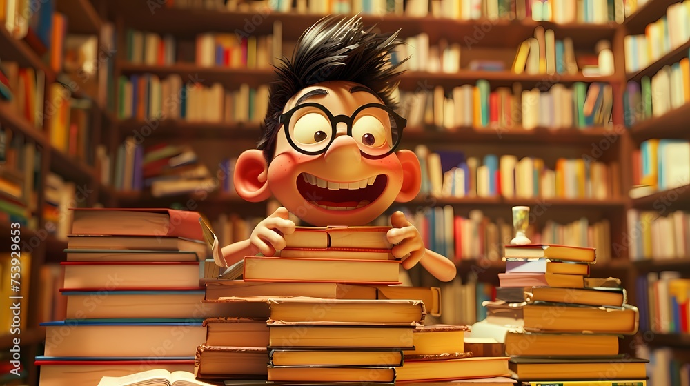 Poster a cute and playful 3d animated character, with a wide smile and animated gestures, standing on a sta