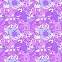 Cartoon animals doodle animals monsters seamless frogs and flower and dinosaur and fish pattern for wrapping paper
