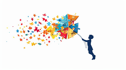 World autism awareness day card or banner,  autistic kid playing with colorful kite  - Powered by Adobe