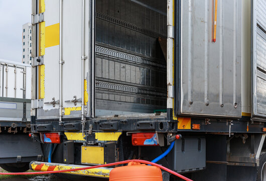 Open tailgate of a trailer truck.