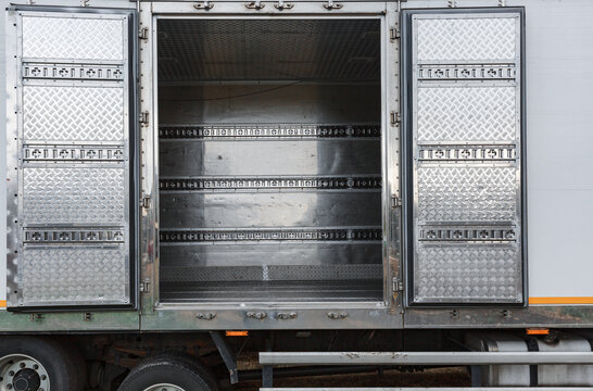 Open door of a trailer truck.