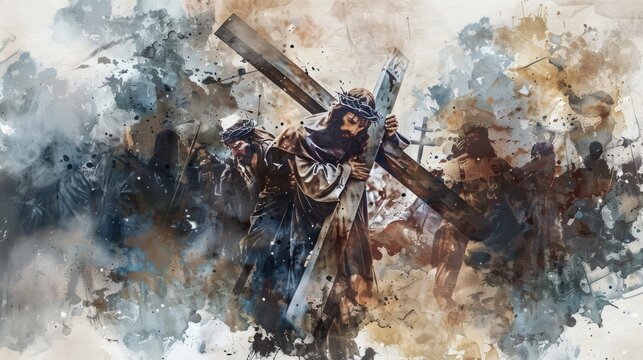 Jesus Takes Up His Cross. Digital Watercolor Painting Illustration