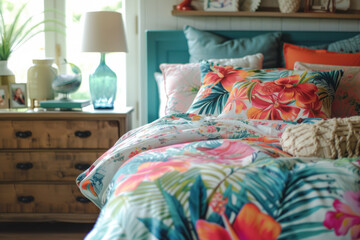 Bedroom accessories with tropical print. Tropical patterned bedding. Generative AI