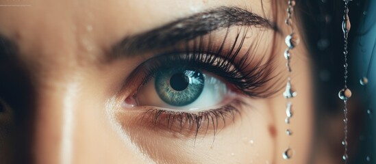 A close-up view of a millennial womans blue eyes. The image shows the woman treating blurred vision...