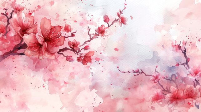 Beautiful cherry blossom flower watercolor splashes background,invitation wedding card, AI generated