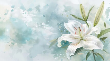 Elegant white lily flower with watercolor style background and invitation wedding card. AI generated