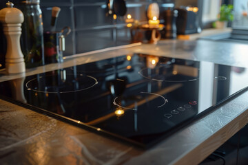 Modern black induction stove in kitchen interior. Contemporary home with modern interior. Generative AI