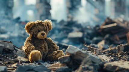 Kids Teddy Bear Toy Over City Burned Destruction Of An Aftermath War Conflict, Earthquake Or Fire And Smoke Of World War Against Children Peace Innocence As Copyspace Banner