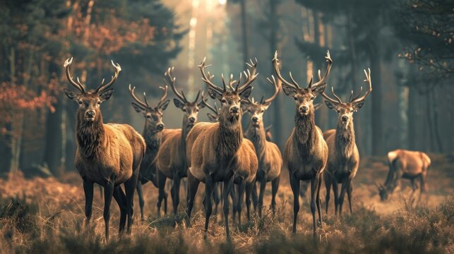 Group of male deers animal wildlife standing together in forest. AI generated image