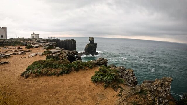 the rocky coast of the Atlantic ocean at Cabo Carvoeiro, Peniche, district of Leiria, Portugal