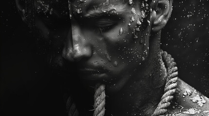 Idées suicidaires représentées sous la forme d'un homme en noir et blanc avec une corde autour du cou : suicide et idées noires, dépression morbide - obrazy, fototapety, plakaty