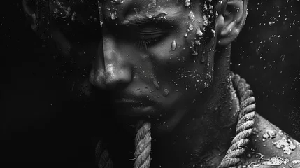 Foto op Canvas Idées suicidaires représentées sous la forme d'un homme en noir et blanc avec une corde autour du cou : suicide et idées noires, dépression morbide © Leopoldine