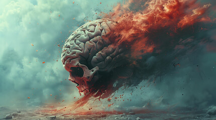 Cerveau et crâne humain dans un paysage désolé, allégorie ou symbole de la mort, de la pauvreté et de la maladie