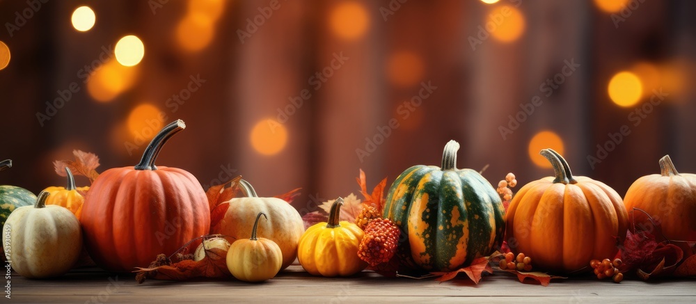 Poster a row of pumpkins placed neatly on top of a wooden table. the pumpkins vary in size and color, creat