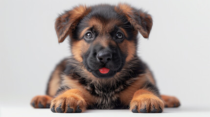 Jeune chien ou chiot de race berger allemand couché sur fond blanc, animal mignon en 3D réaliste