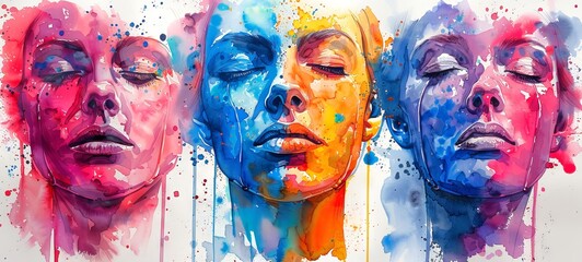 Obraz premium Watercolor portraits of diverse female individuals dripping colors. Abstract aquarelle faces. Concept of cultural diversity, society, artistry, social unity, and human emotions. Wide banner