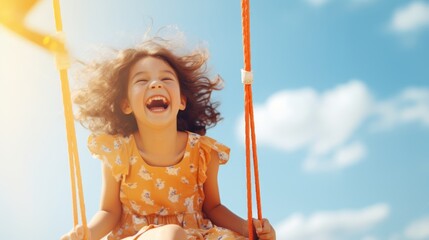 Joyful kid girl laughing on a swing on a warm sunny day on a playground. Concept of carefree play, happy childhood, summer fun, outdoor activities.